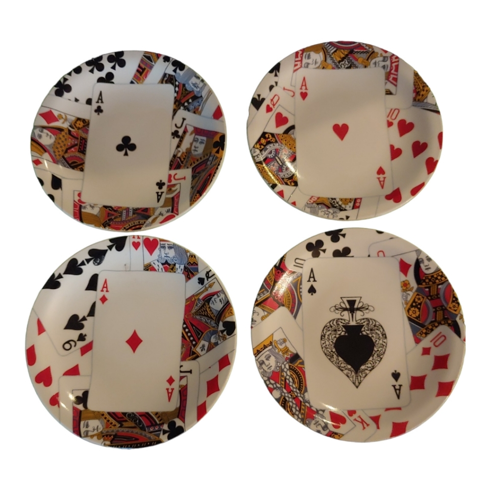 Set of 4 Poker Playing Card Round Dessert Appetizer Dish Plates
